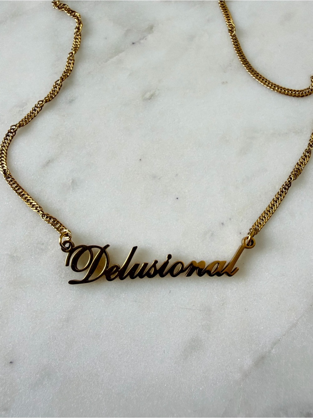Gold "Delusional" Script Nameplate Necklace - Women Jewelry